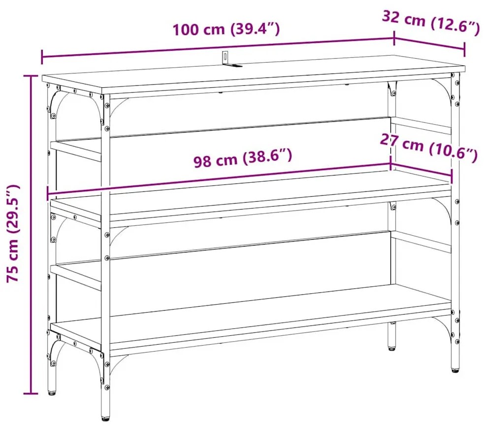 Konzolasztal polcokkal kézműves tölgy 100 x 32 x 75 cm Faanyag