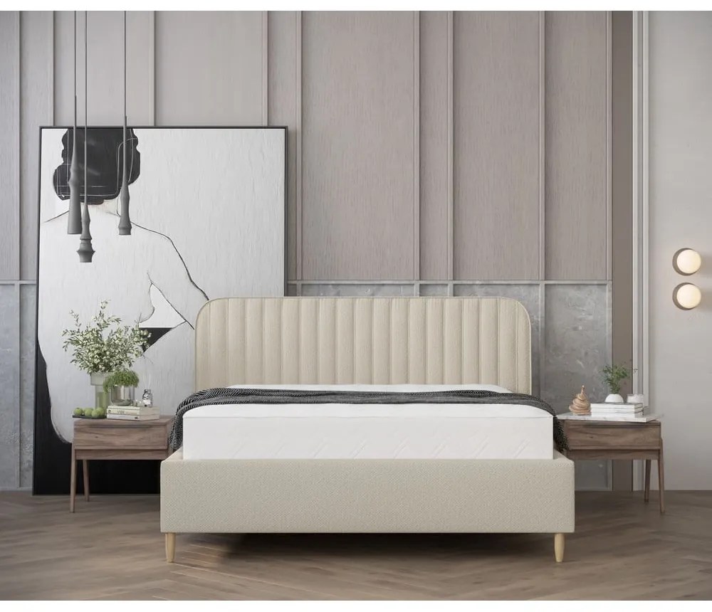 Bézs kárpitozott ágyneműtartós franciaágy ágyráccsal 180x200 cm Noto – Maison de Rêve