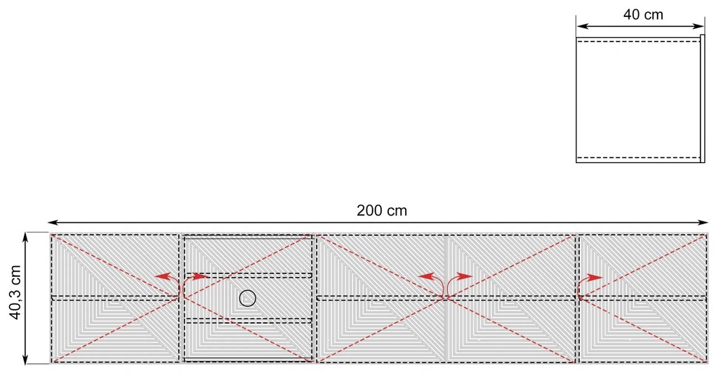 Asha falra szerelhető TV szekrény 200 cm, bordázott előlap - matt fekete
