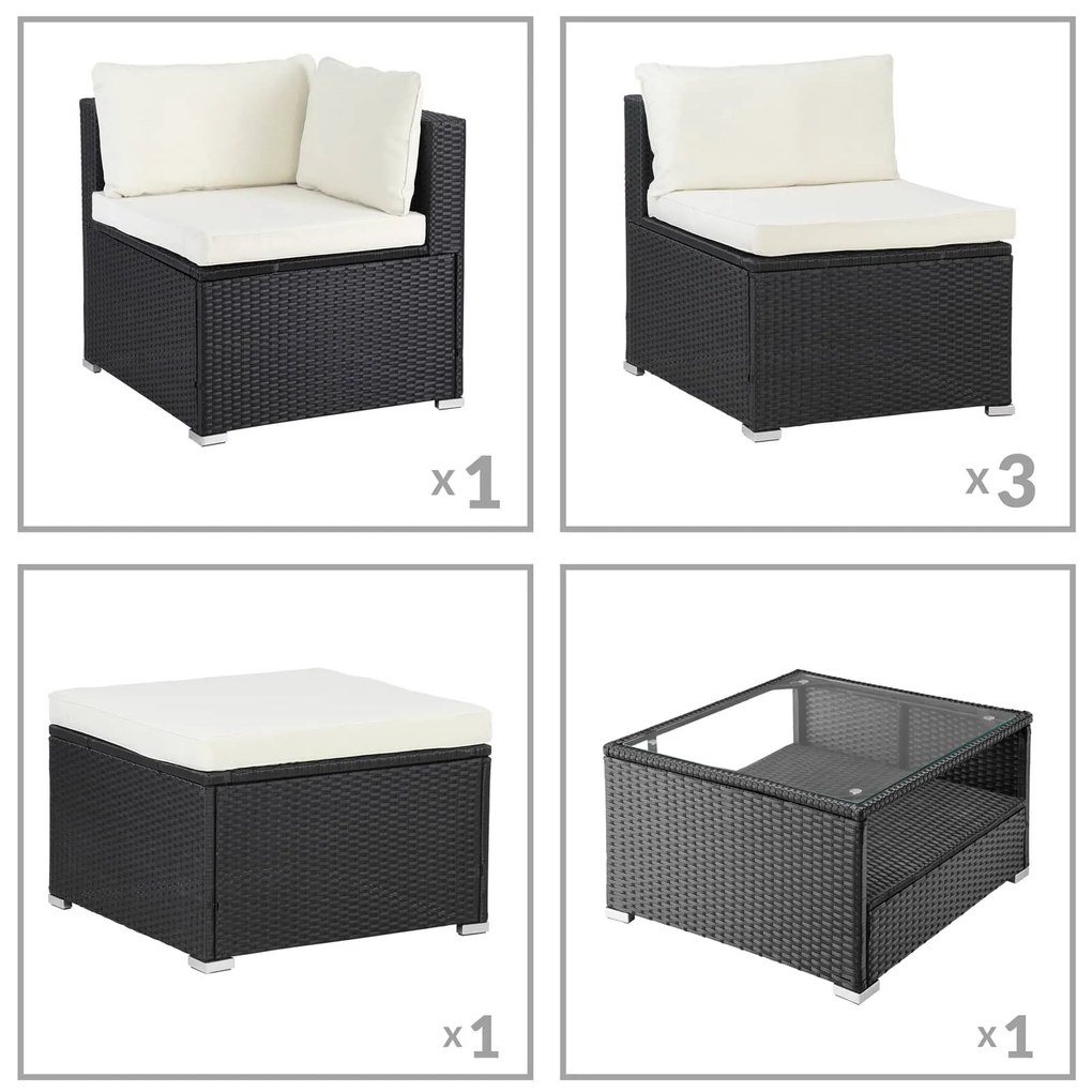 Casaria® Kerti rattan szett Rouen - fekete/krém párnák