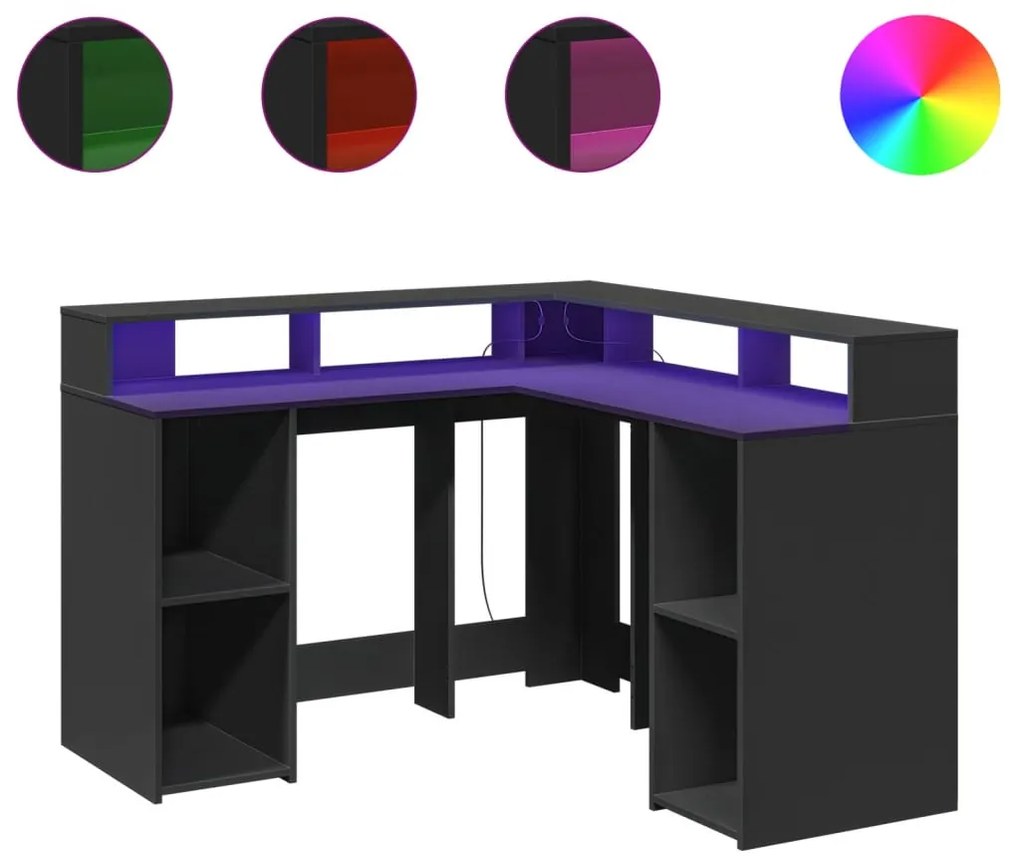 fekete szerelt fa íróasztal LED-világítással 130 x 130 x 91 cm