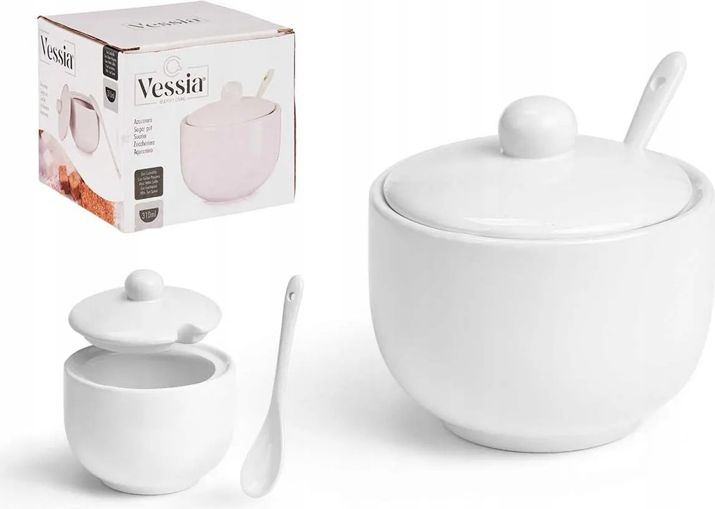 Cukrászda porcelán fedővel és kanállal fehér Só cukortartó