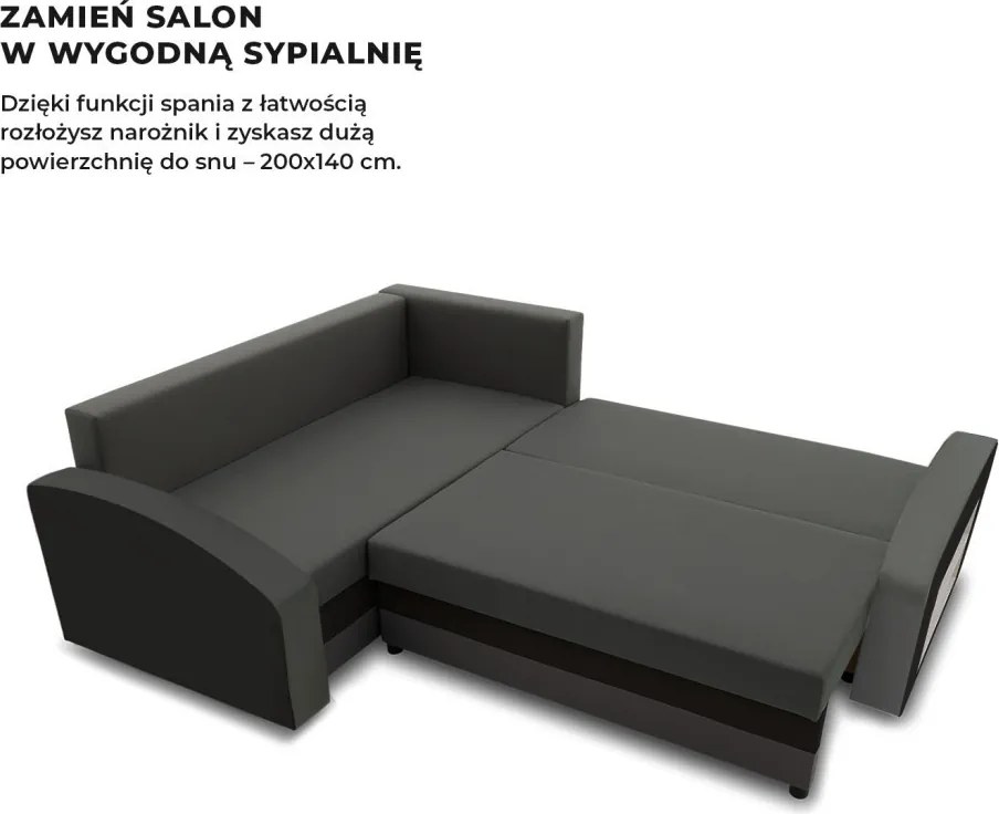 Grande sarokkanapé polcokkal , polc a jobb karfaban, baloldali, szövet anyag, hab töltet, szürke - fekete