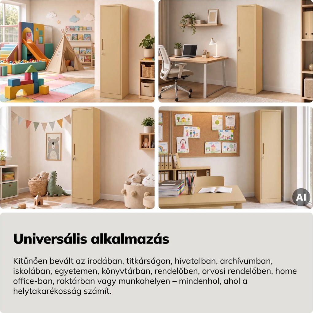 Keskeny fém irodai iratszekrény, bézs, 450x1850x400 mm: ALEX Fresh Style