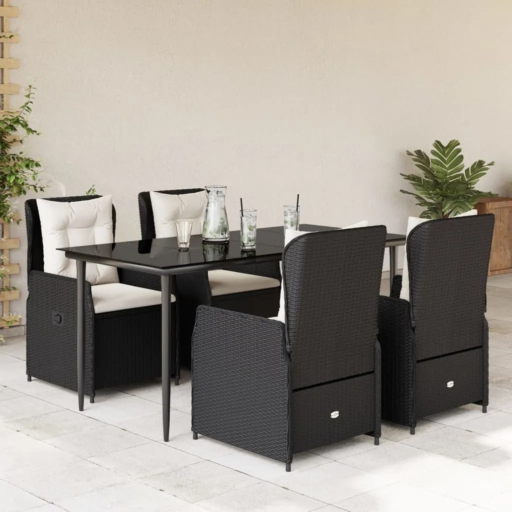 5 részes fekete polyrattan kerti étkezőgarnitúra párnákkal