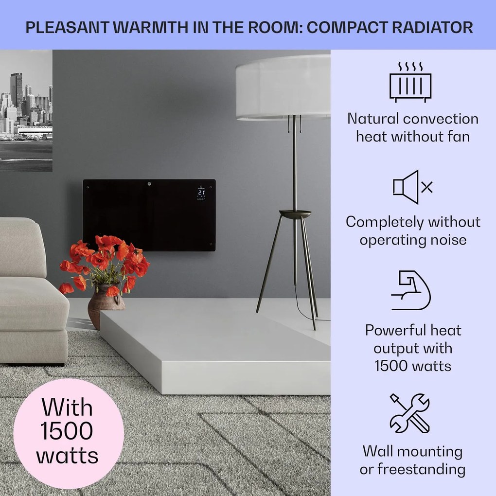 Klarstein Bansin Crystal Smart, konvektor, 1500 W, 5 - 50 °C, vezérlés applikáción keresztül