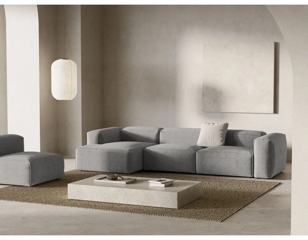 Világosszürke kordbársony sarokkanapé (bal oldali-heverő résszel) Bergamo – Cosmopolitan Design