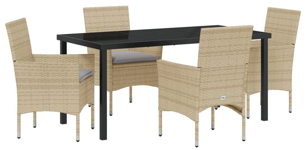 5 db-os Kerti Étkező Szett Párnázott Bézs Poli Rattan, Kerti Asztal Fekete 160x80x73 cm Edzett Üveg