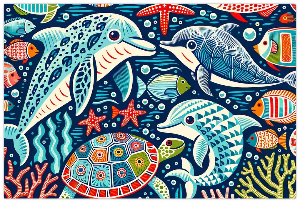 Kép – Rajzolt vízi állatok (90x60 cm)
