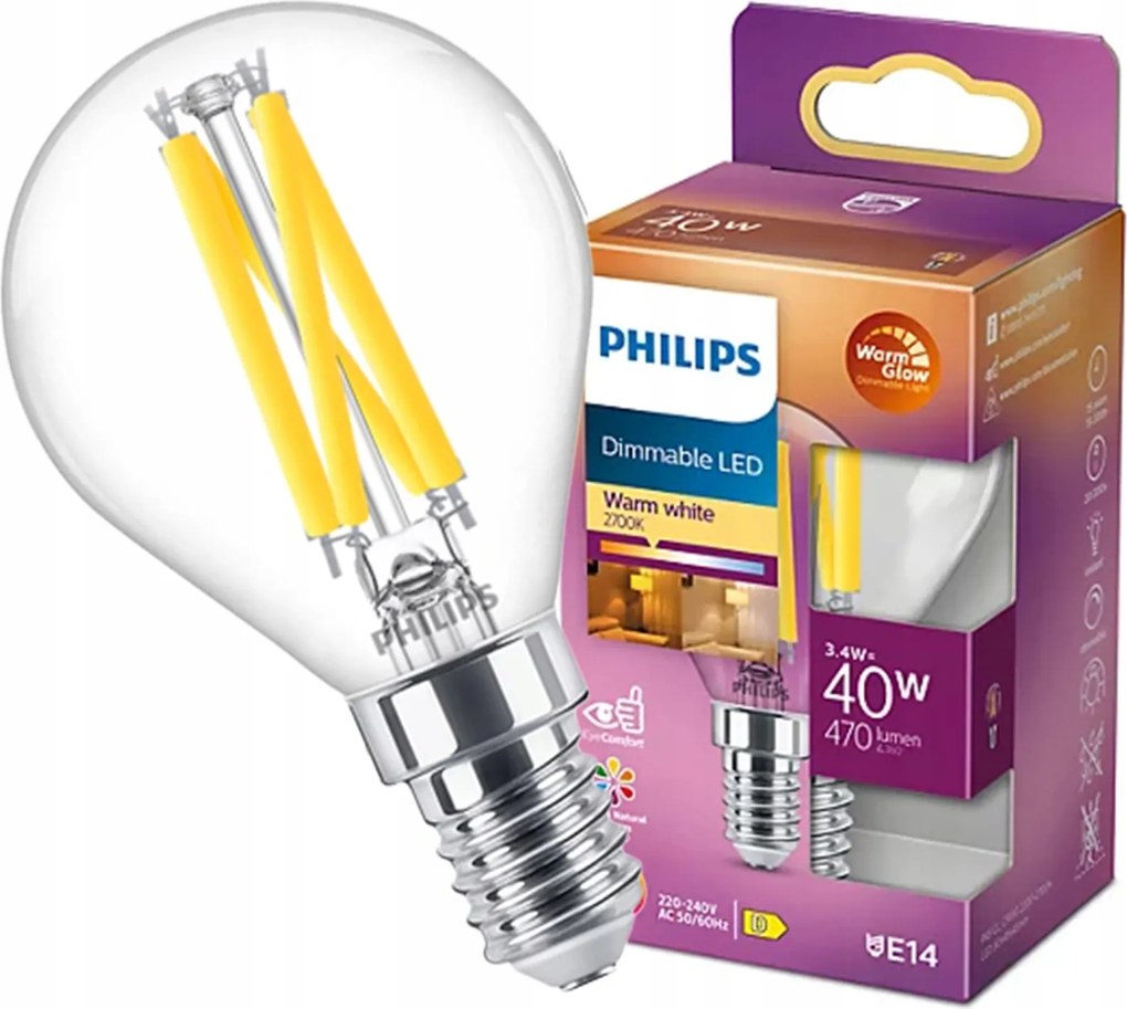 Led izzó Golyó E14 3.4W 40W 470lm 2700K Tompítható Filament Philips
