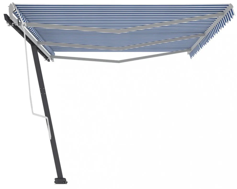 kék és fehér kézzel kihúzható póznás napellenző 600 x 300 cm