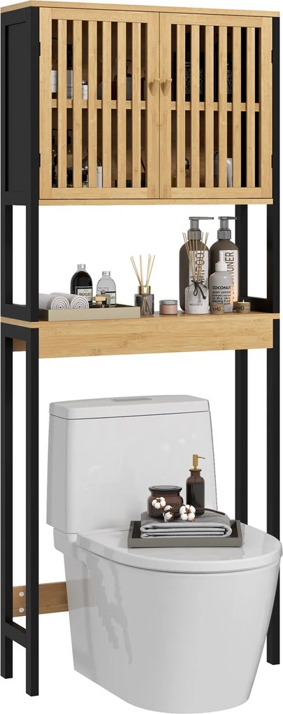 Kleankin WC fölé akasztható fürdőszobai szekrény 2 ajtós szekrénnyel és nyitott polccal 60L x 21.5W x 172H cm bambusz - Természetes fa és fekete | Aos