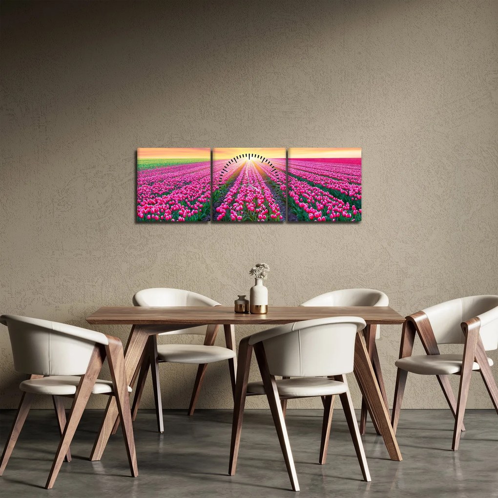 Tulipán mező és a nap képe (órával) (90x30 cm)