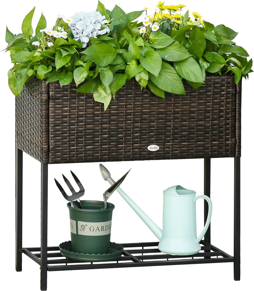 Outsunny Függő Kertágy, Wicker Virágtartó Polccal, Emelt Virágágy Kültérre és Beltérre, Barna (70cm x 30cm x 70cm) | Aosom