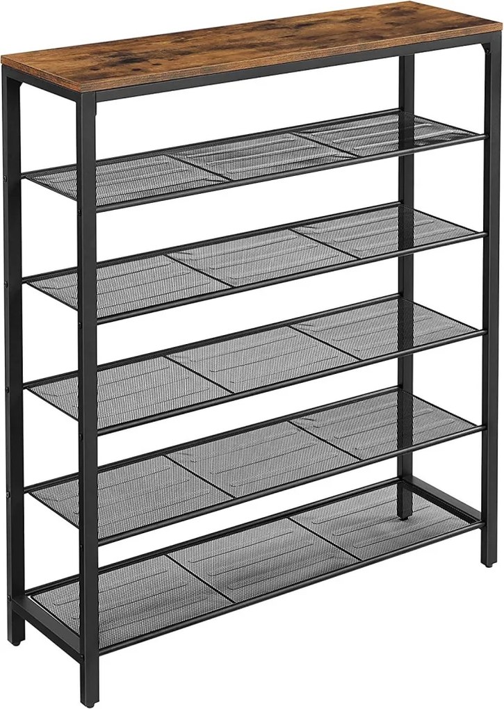 Cipőtároló polc 5 fém hálós polccal, fekete 100x30x110cm