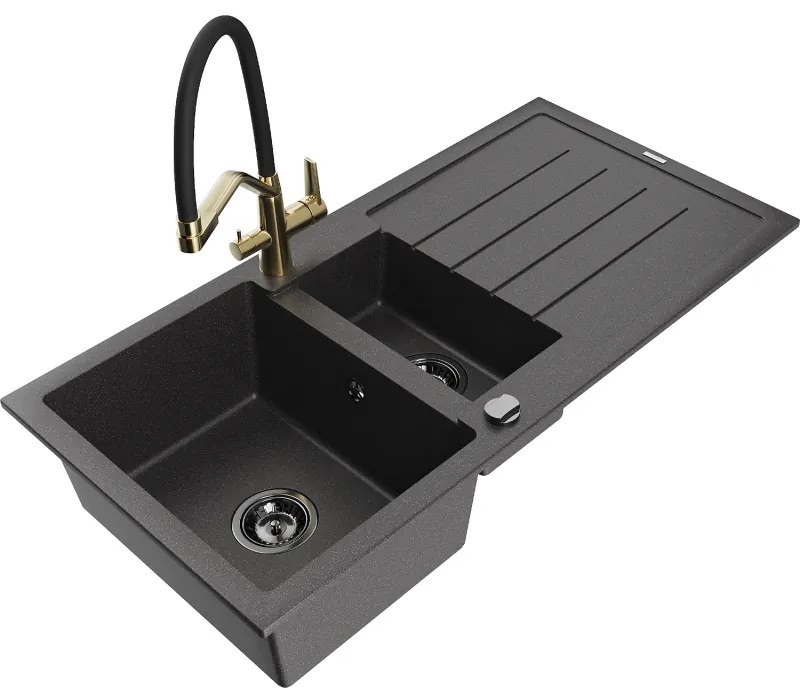 Mexen Andres 1,5 rekeszes, csepptálcás gránit mosogató Duo konyhai csappal, fekete pöttyös - 6515-76-671701-57-B