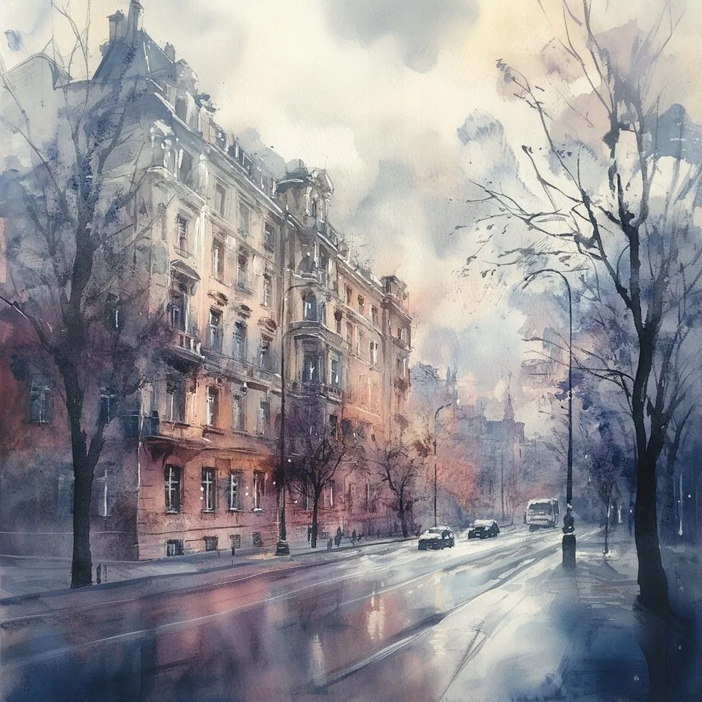 Vászonkép Canvas Akvarell Város Utca Bérházak Fák 40x40