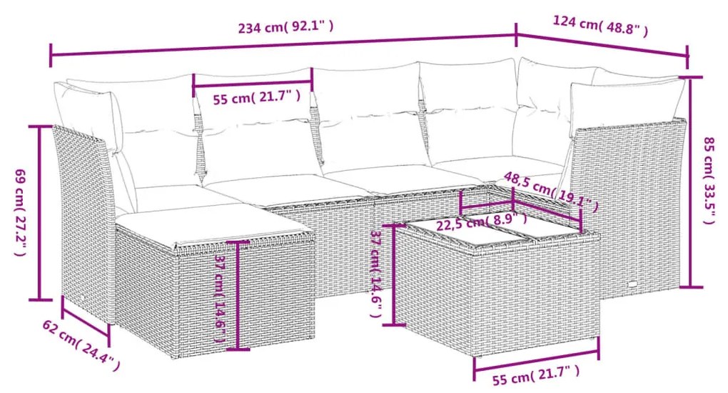 7 részes bézs polyrattan kerti ülőgarnitúra párnákkal