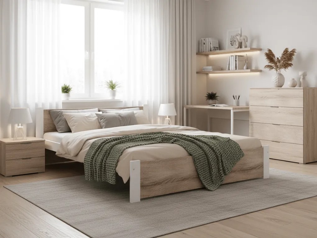 IKAROS ágy 160x200 cm, fehér/sonoma tölgy Ágyrács: Léces ágyrács, Matrac: Coco Maxi 20 cm matrac