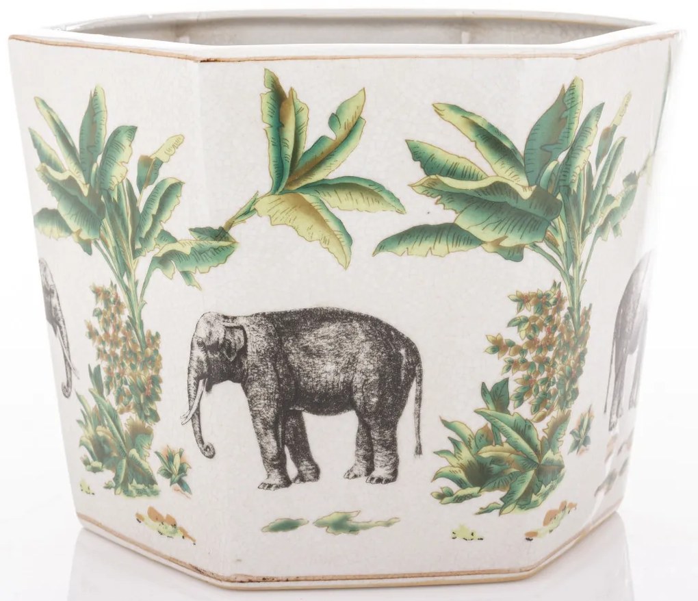 Törtfehér vintage szögletes porcelán 2db-os virágtartó kaspó szett elefántokkal festve 18x24,5x21,5 / 20x26,5x23,5cm