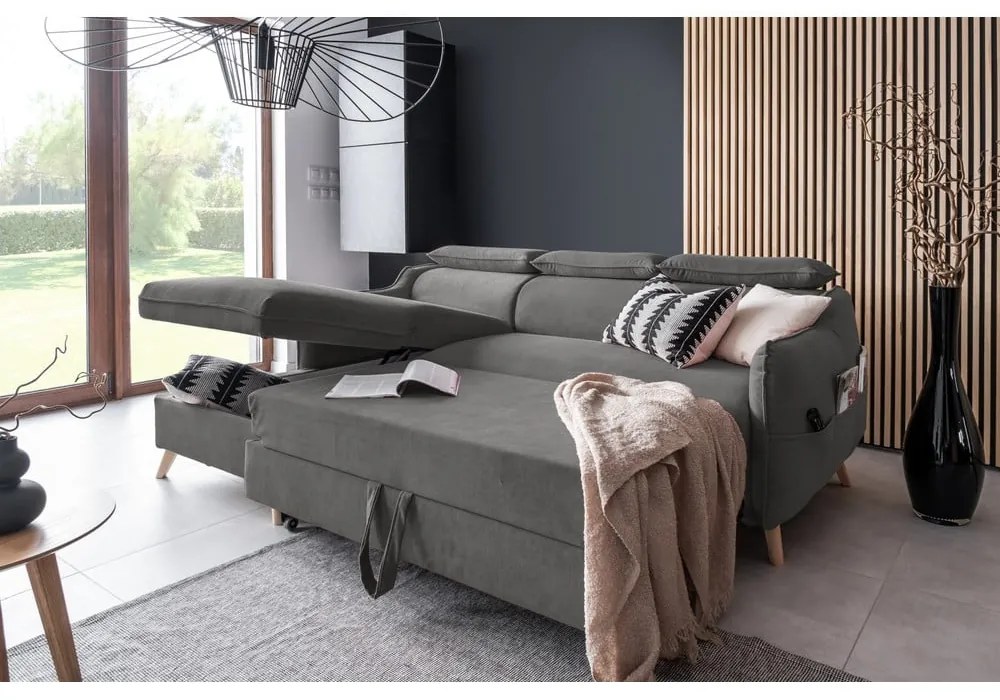 Sötétszürke bársony kinyitható sarokkanapé (bal oldali) Sweet Harmony – Miuform