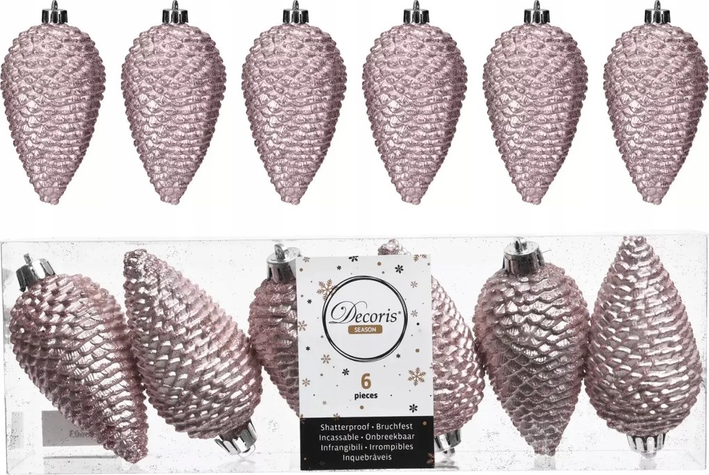 Karácsonyfadíszek toboz karácsonyfadísz 6db púderrózsaszín karácsonyfadísz