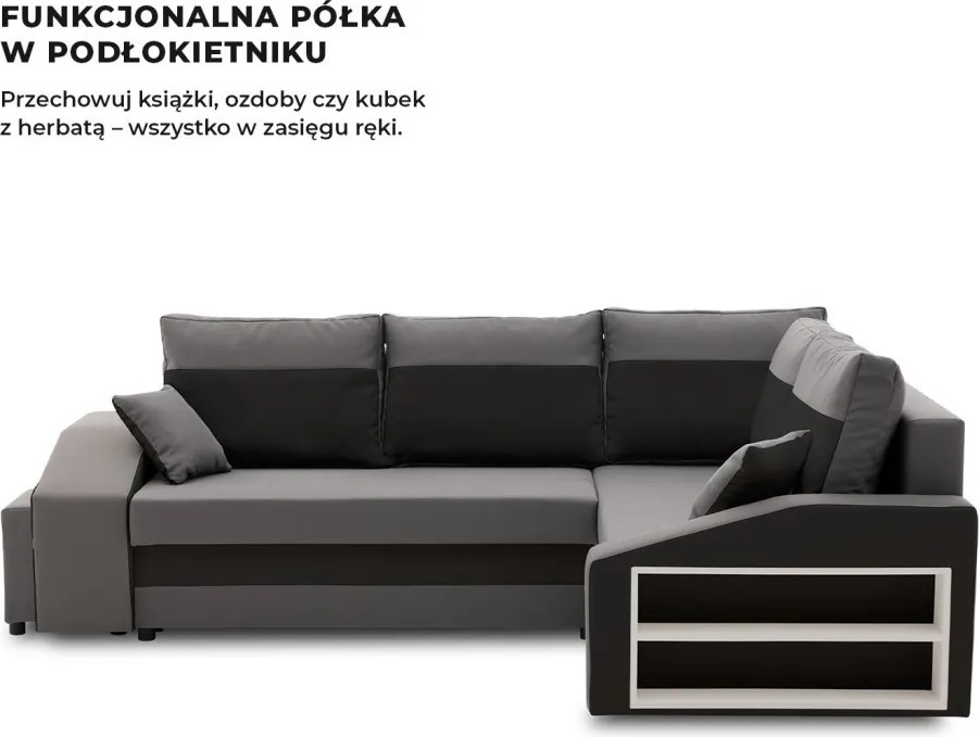 Grande sarokkanapé polcokkal és puffokkal , polc a jobb karfaban puffok a bal karfaban, jobboldali, szövet anyag, hab töltet, szürke - fekete