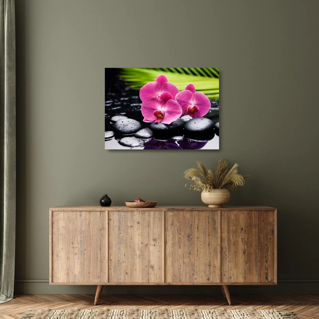 Üveg kép - Rózsaszín orchidea pálmalevéllel (70x50 cm)