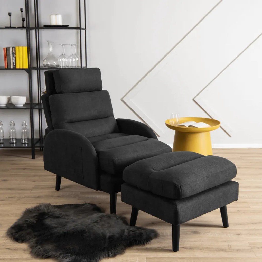 Kényelmes Fotel Fekete Színben Lábtartóval. HENRY
