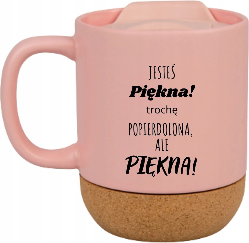 Rózsaszín Bögre Fedéllel És Parafa Aljjal Ajándék Gyönyörű Vagy