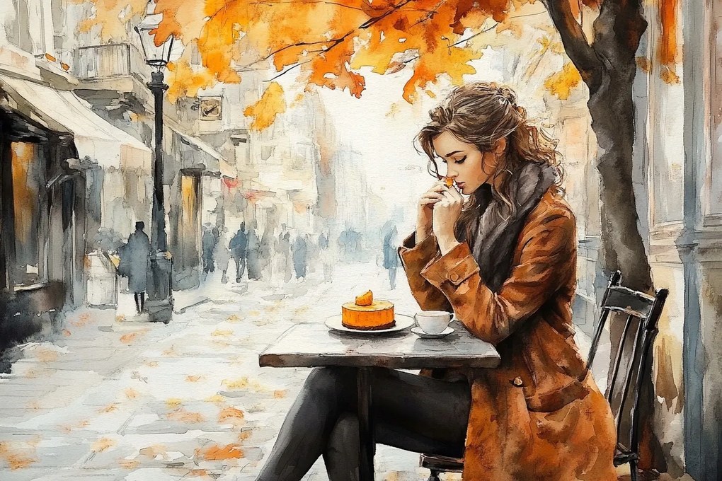 Vászonkép Canvas Nő Lány Kávézó Ősz Kávé 120x80