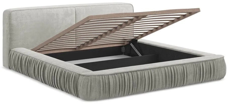 Világosszürke kárpitozott ágyneműtartós franciaágy ágyráccsal 160x200 cm Keoni – Makamii