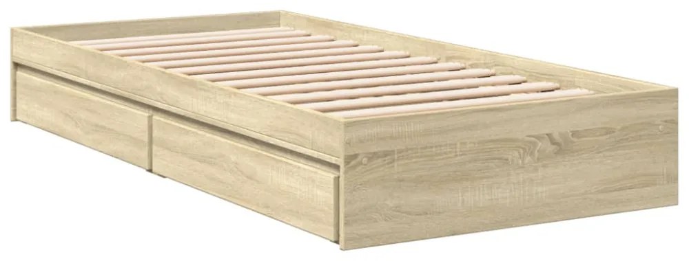 sonoma tölgy színű szerelt fa ágykeret fiókokkal 100 x 200 cm