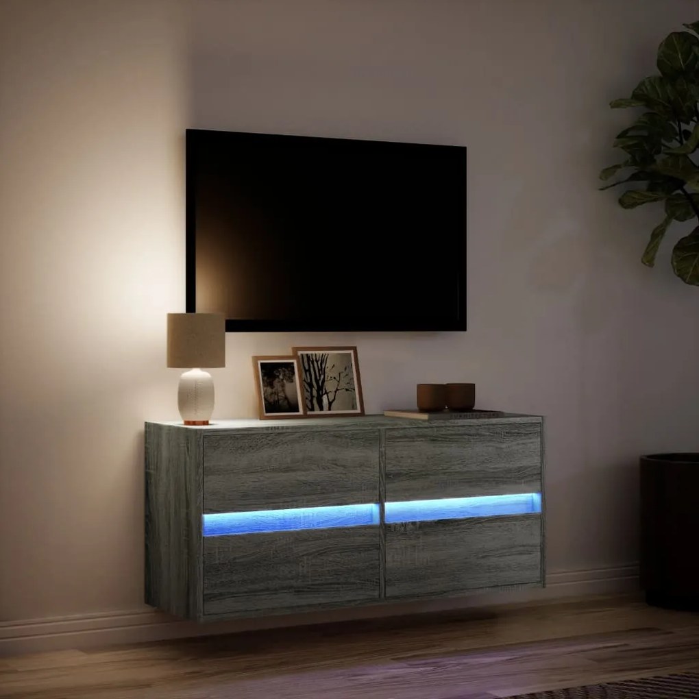 szürke sonoma színű fali TV-szekrény LED-del 100x31x45 cm