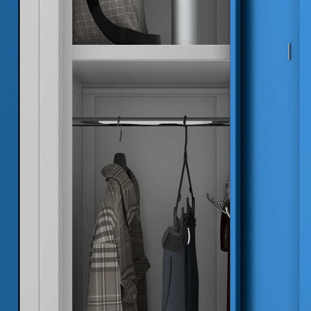 Pléh öltözőszekrény talpazaton, négymodulos, polcokkal KACPER II, 600 x 1800 x 500 mm, kék