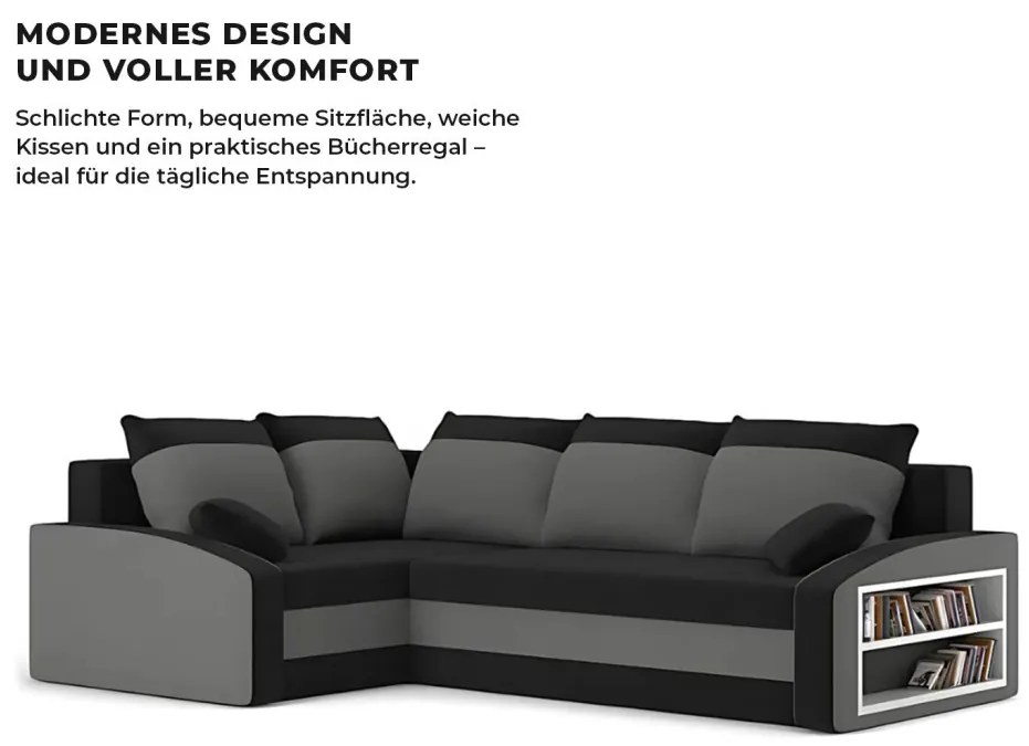 Grande sarokkanapé polcokkal , polc a jobb karfaban, baloldali, szövet anyag, bonell töltet, fekete - szürke