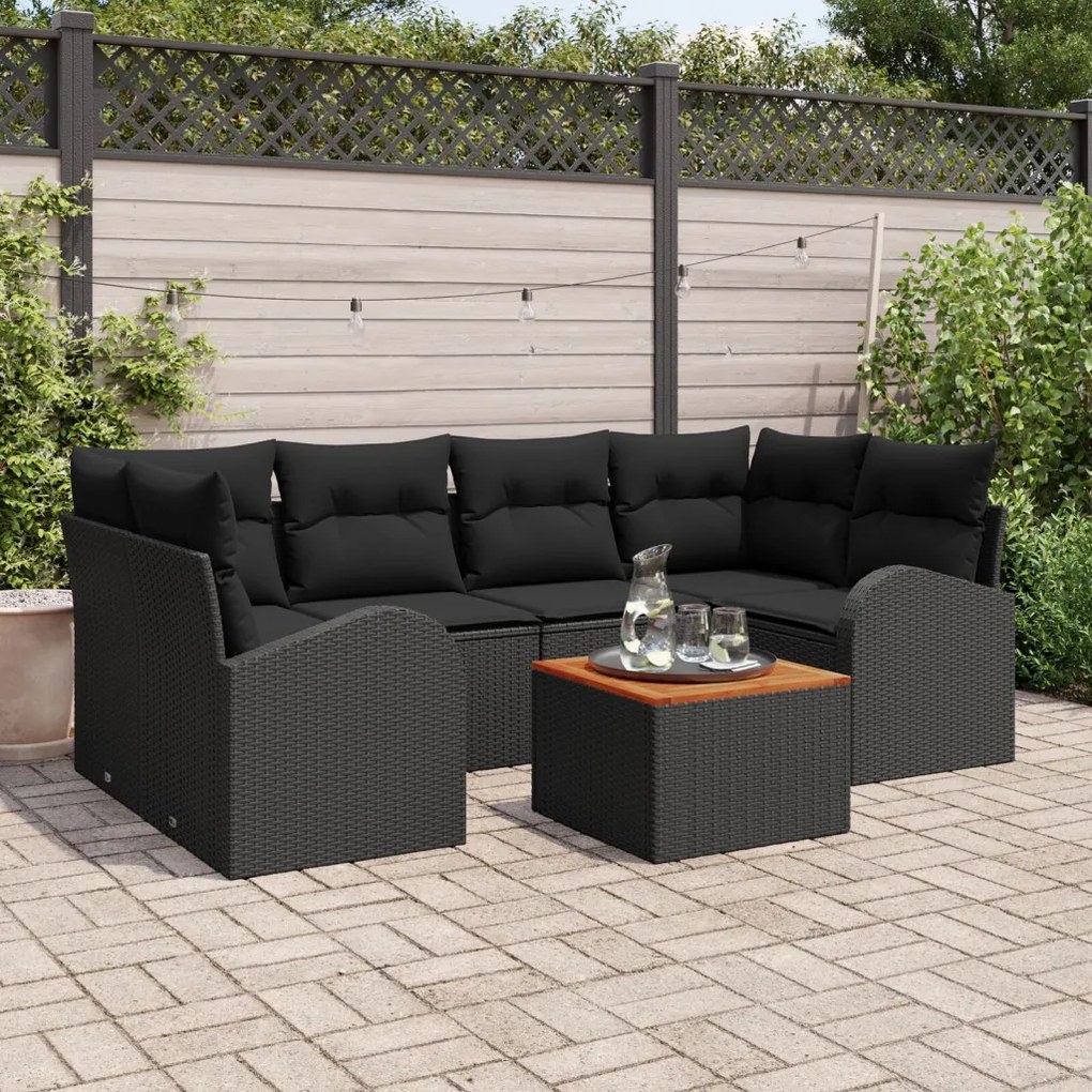 7 Darabos Kert Sofa Szett Párnákkal Fekete Poli Rattan Akác