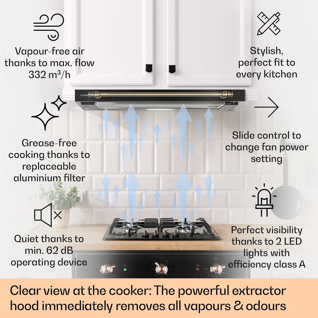 Klarstein Vilhelmine 60 Retro, laposképernyős páraelszívó, B energiahatékonysági osztály, fúvott levegő áramlás: 332 m³/ó bővítési lehetőséggel