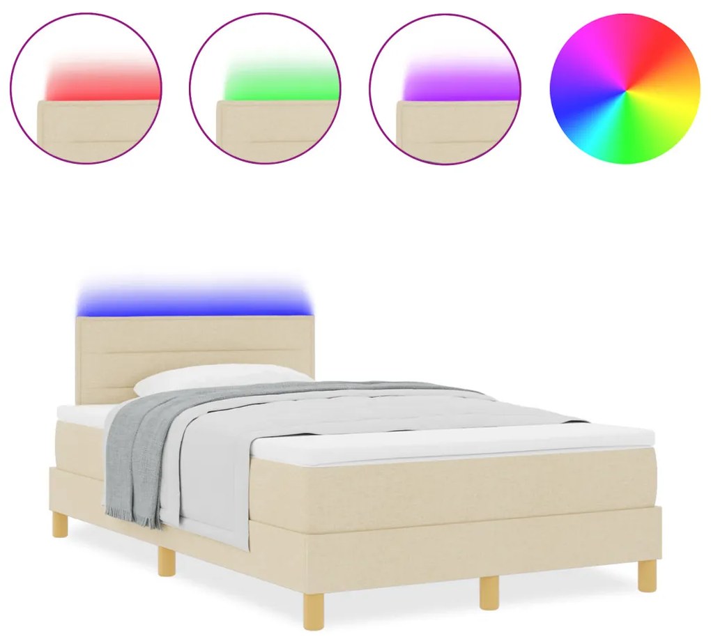 Box Spring ágy matraccal és LED-del, krém színben, 120x200 cm, szövet