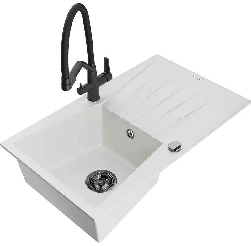 Mexen Cesar 1 rekeszes gránit mosogatócsapteleppel és csapteleppel Duo, fehér - 6514-20-671701-70-B