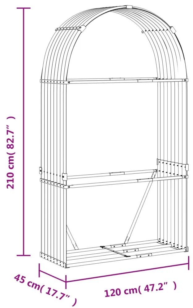 antracitszürke horganyzott acél rönktartó 120 x 45 x 210 cm