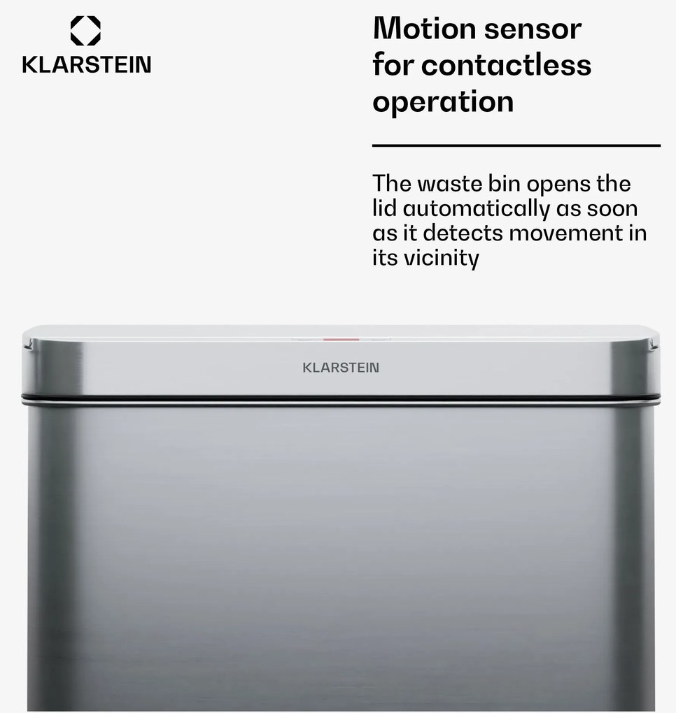 Klarstein Touchless, szenzoros szemétkosár, 50 l, rozsdamentes acélból, Soft-Close záródás, elemes, LED kijelző, időzítő