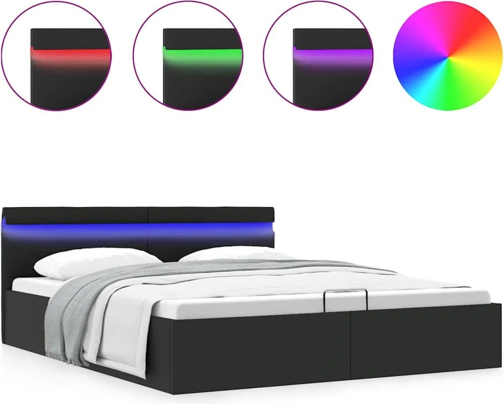vidaXL fekete műbőr LED-es hidraulikus ágykeret 160 x 200 cm