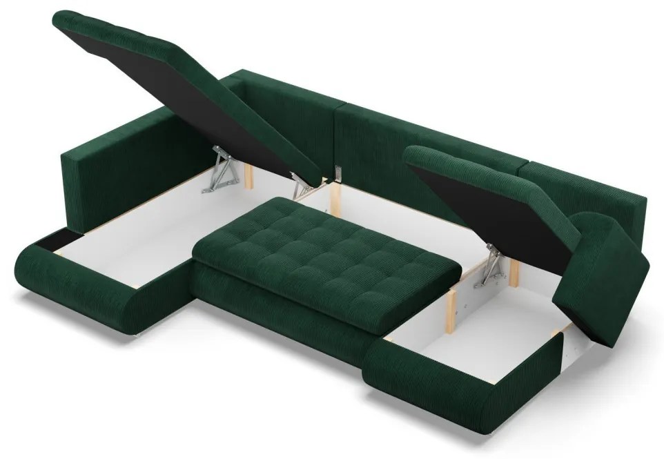 Tokio U sarokkanapé, 3 ágyneműtartóval, kordbársony, baloldali, zöld