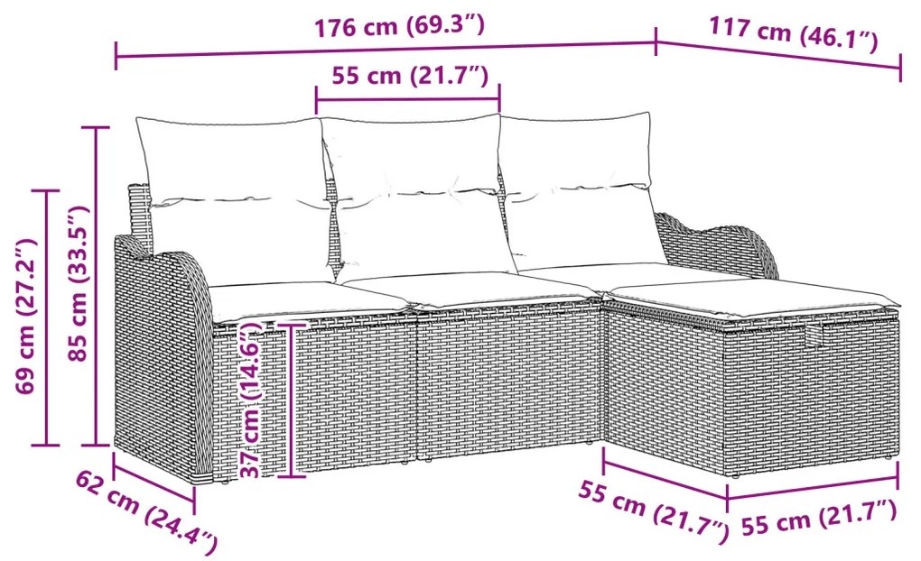 4 Részes Kerti Sofa Szett Párnákkal Fekete Poli Rattan