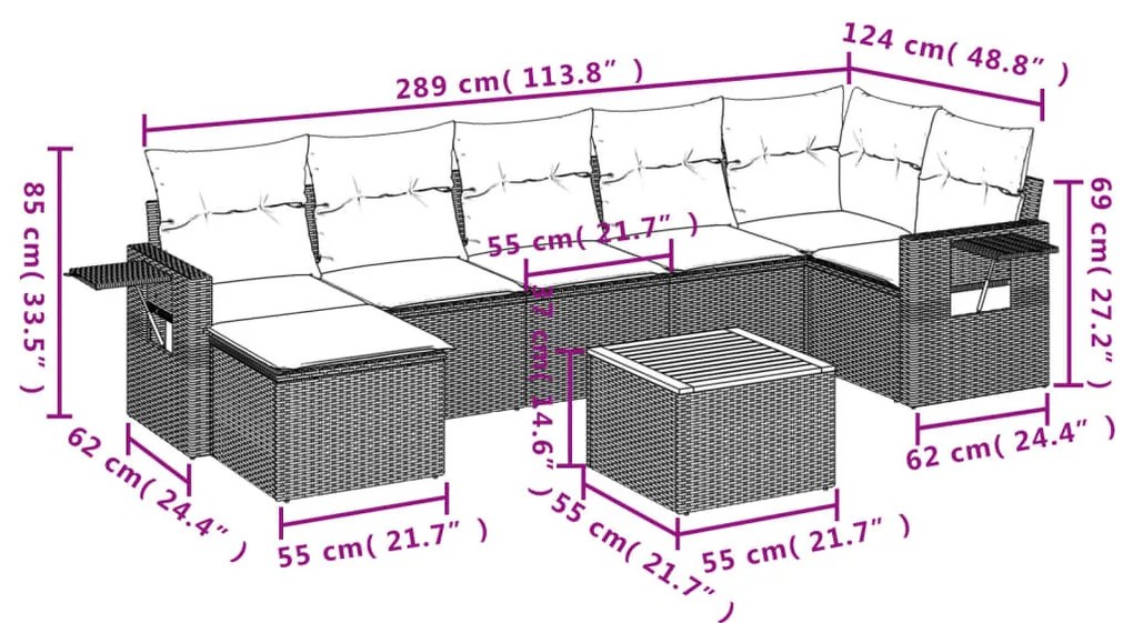 8 részes fekete polyrattan kerti ülőgarnitúra párnákkal