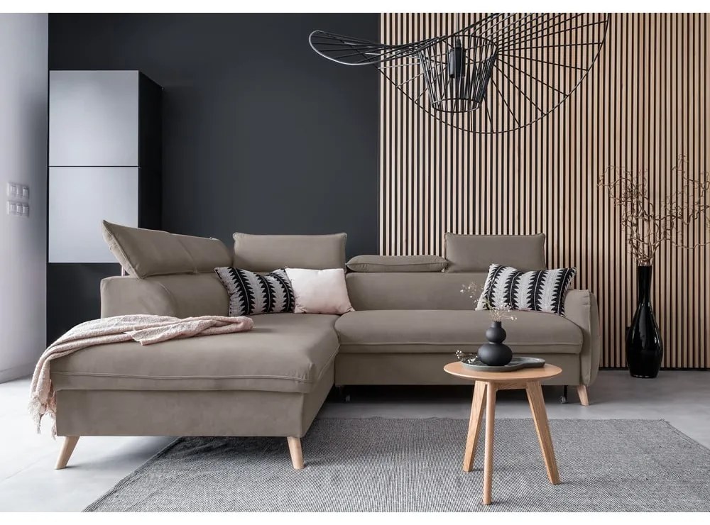 Világosbarna bársony kinyitható sarokkanapé (bal oldali) Sweet Harmony – Miuform