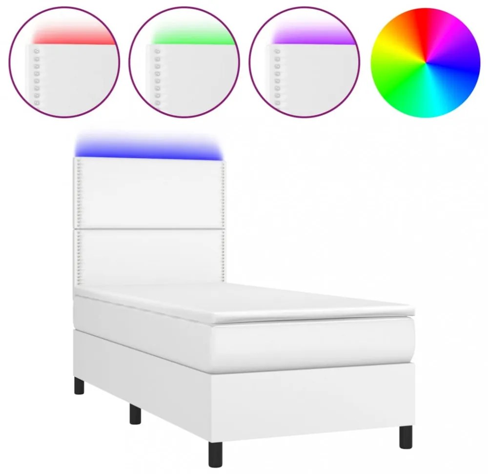 fehér műbőr rugós ágy matraccal és LED-del 90x190 cm