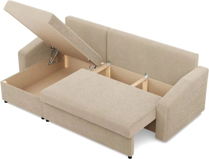 Zeus sarokkanapé, 2 ágyneműtartóval, döntött kartámasz, kordbársony, univerzális oldal, bonell töltet, bézs