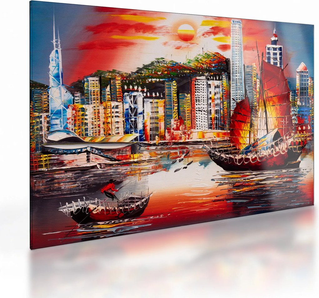 Kép - Victoria Harbour, Hong Kong, olajfestmény (üvegen) (70x50 cm)